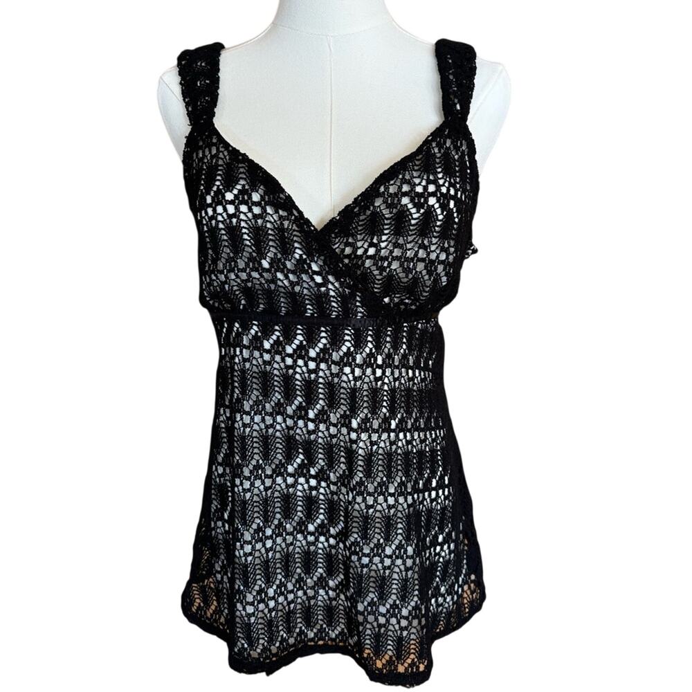 AB Studio Black Crochet Overlay White Sleeveless Top Size Large NWT